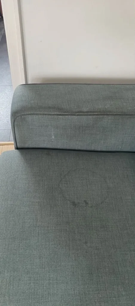 Green-gray chaise with a water ring stain