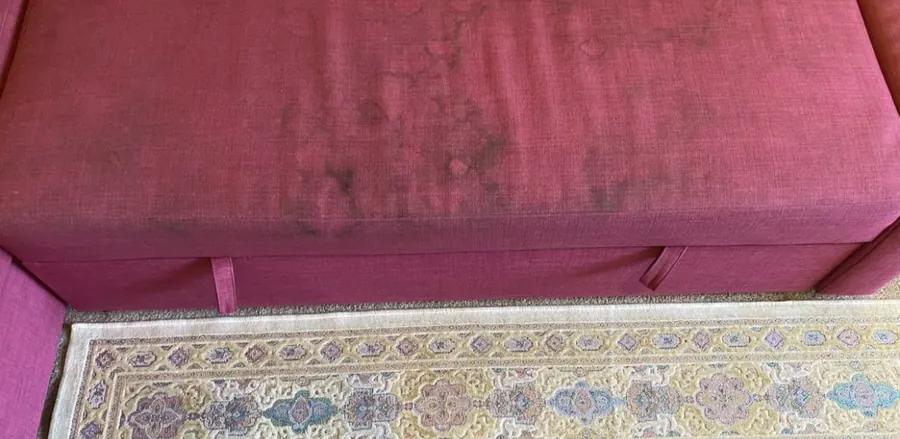 Raspberry sleeper sofa with dark stains before cleaning