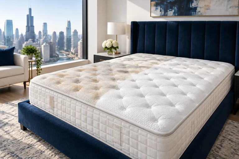 Quilted mattress with a cleaned half next to a stained half