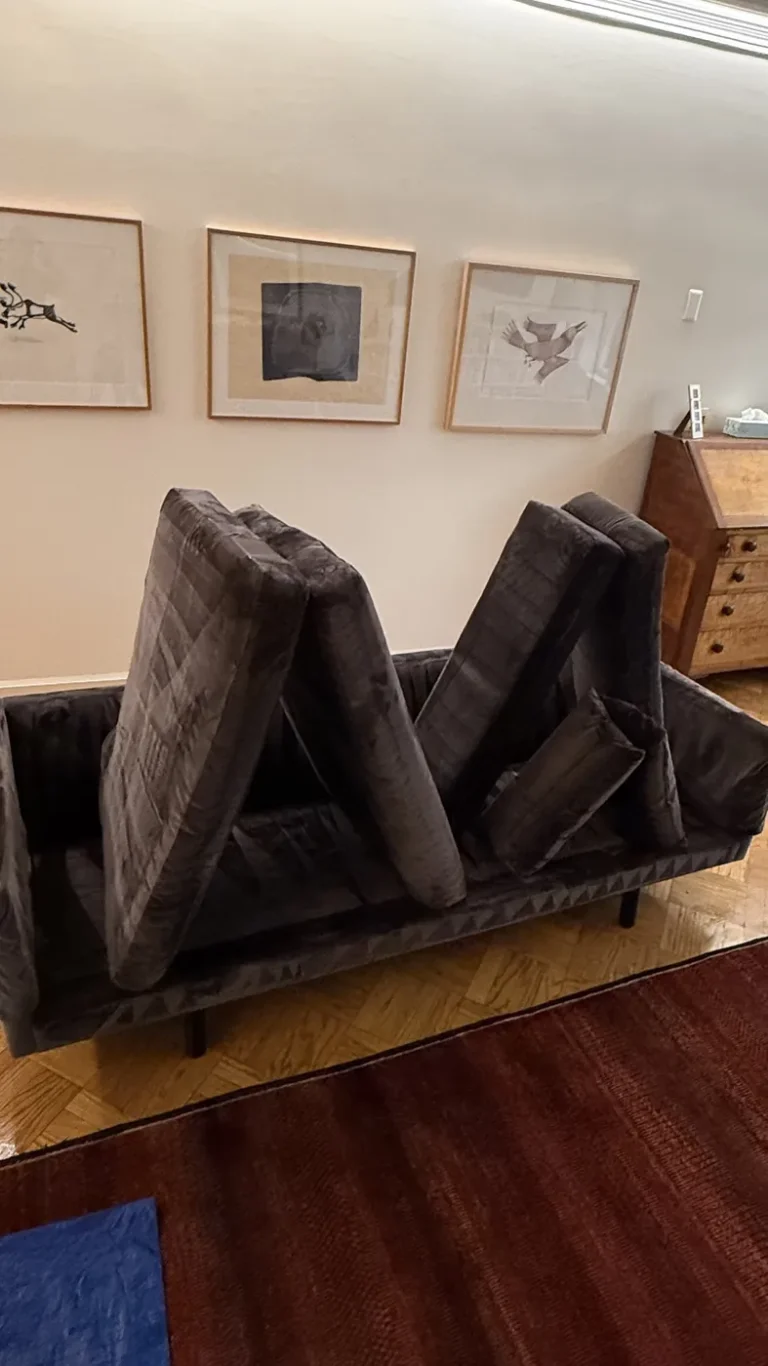 Velvet sofa cushions left to dry