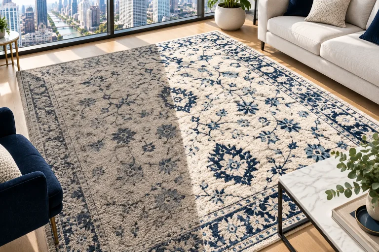Navy and cream area rug with a cleaned half next to a dusty half