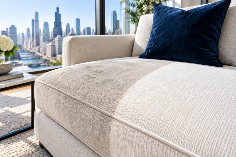Cream sofa cushion with a cleaned half next to a soiled half