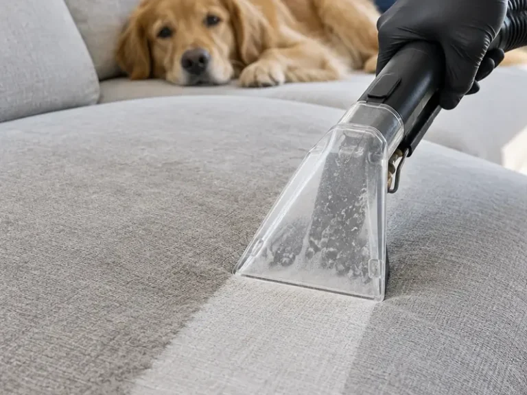 Upholstery extraction tool leaving a clean stripe on a gray sofa, dog resting nearby