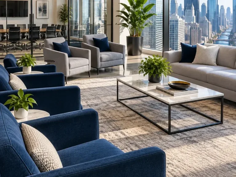 Office lounge with navy upholstered armchairs and Chicago skyline view