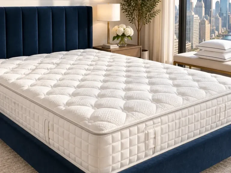 Clean white quilted mattress on a navy upholstered bed