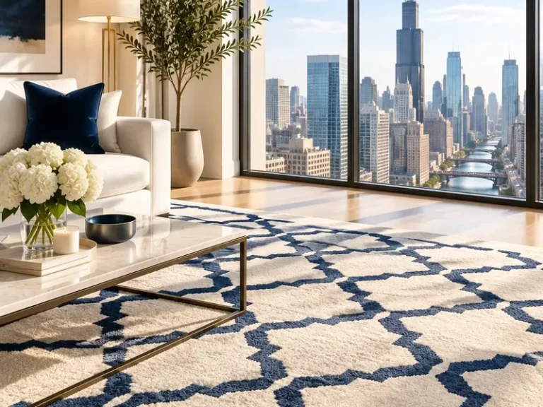 Cream and navy patterned area rug in a sunlit living room with Chicago skyline
