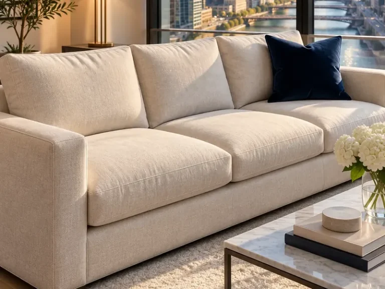 Freshly cleaned cream linen sofa in a Chicago apartment